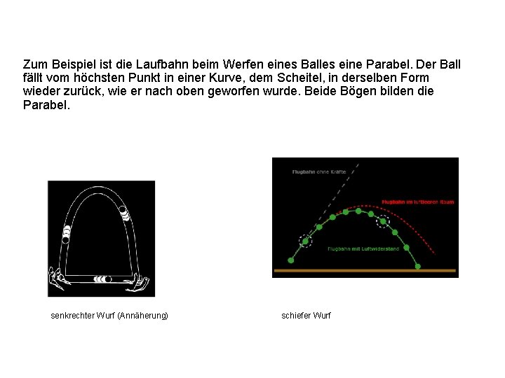 Zum Beispiel ist die Laufbahn beim Werfen eines Balles eine Parabel. Der Ball fällt