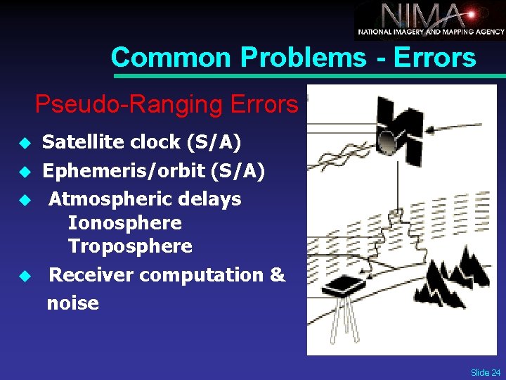 Common Problems - Errors Pseudo-Ranging Errors u u Satellite clock (S/A) Ephemeris/orbit (S/A) Atmospheric
