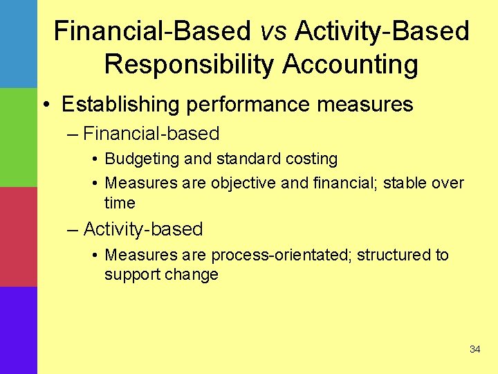 Financial-Based vs Activity-Based Responsibility Accounting • Establishing performance measures – Financial-based • Budgeting and