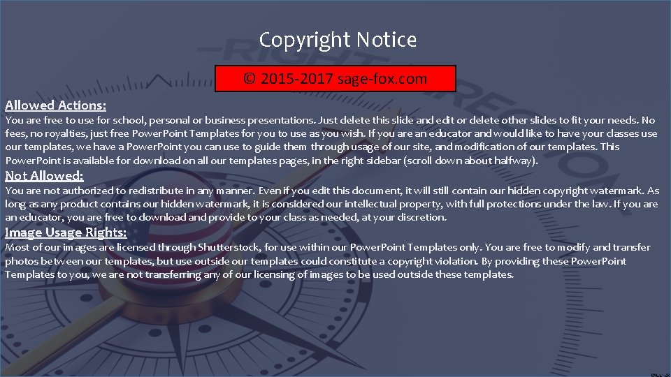 Copyright Notice © 2015 -2017 sage-fox. com Allowed Actions: You are free to use