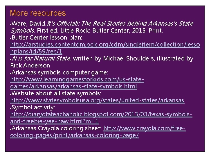 More resources Ware, David. It's Official!: The Real Stories behind Arkansas's State Symbols. First