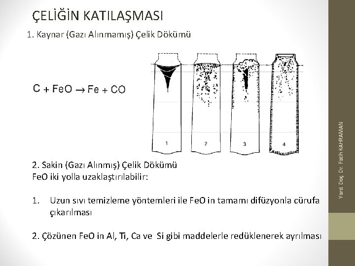 ÇELİĞİN KATILAŞMASI 2. Sakin (Gazı Alınmış) Çelik Dökümü Fe. O iki yolla uzaklaştırılabilir: 1.