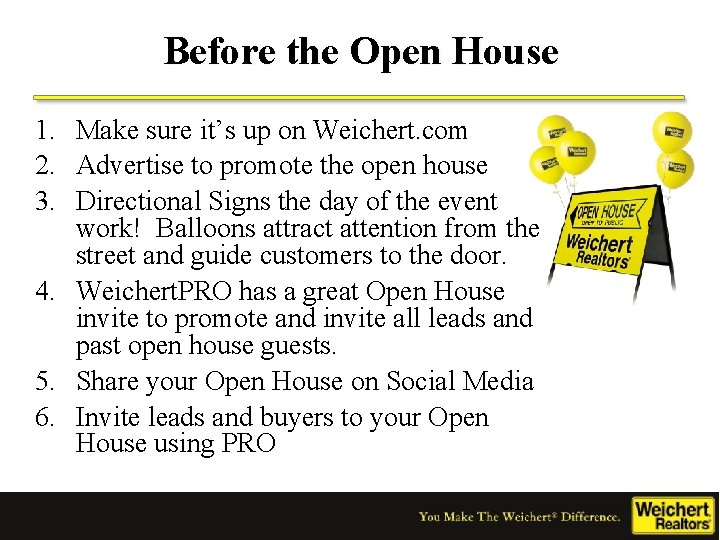 Before the Open House 1. Make sure it’s up on Weichert. com 2. Advertise