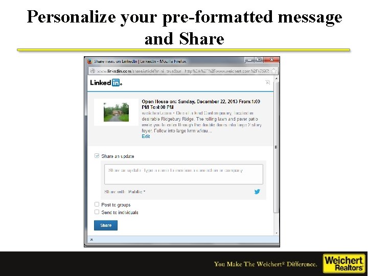 Personalize your pre-formatted message and Share 