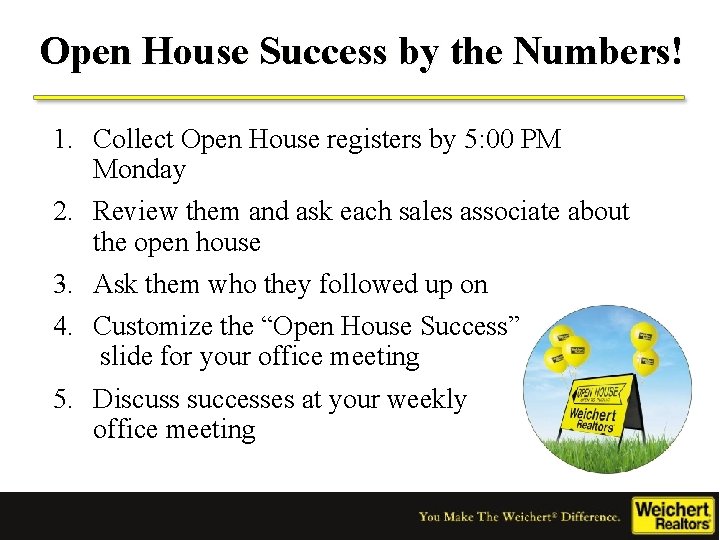 Open House Success by the Numbers! 1. Collect Open House registers by 5: 00