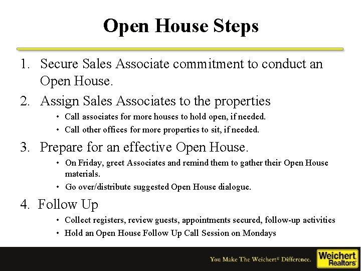Open House Steps 1. Secure Sales Associate commitment to conduct an Open House. 2.
