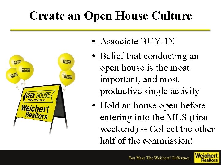 Create an Open House Culture • Associate BUY-IN • Belief that conducting an open