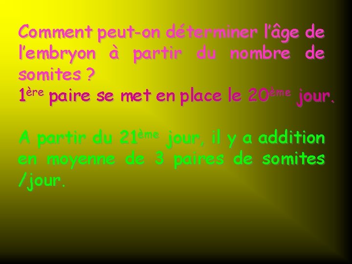 Comment peut-on déterminer l’âge de l’embryon à partir du nombre de somites ? 1ère