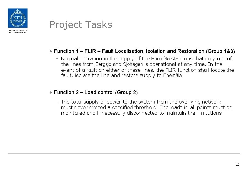 Project Tasks • Function 1 – FLIR – Fault Localisation, Isolation and Restoration (Group