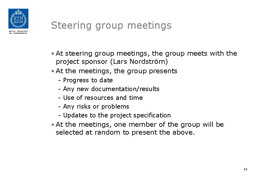 Steering group meetings • At steering group meetings, the group meets with the project