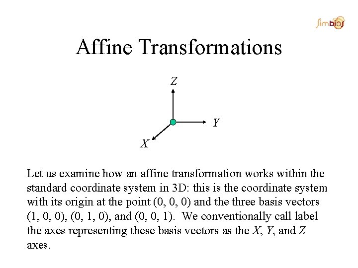 Affine Transformations Z Y X Let us examine how an affine transformation works within