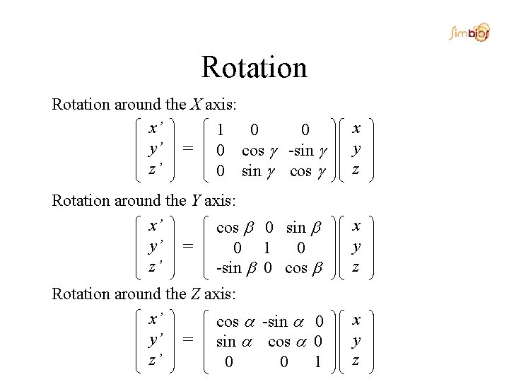 Rotation around the X axis: x’ 1 0 0 y’ = 0 cos -sin