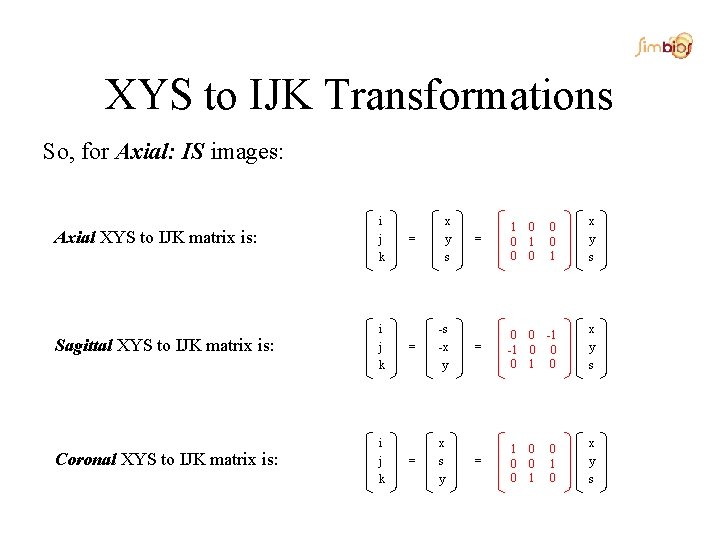 XYS to IJK Transformations So, for Axial: IS images: Axial XYS to IJK matrix