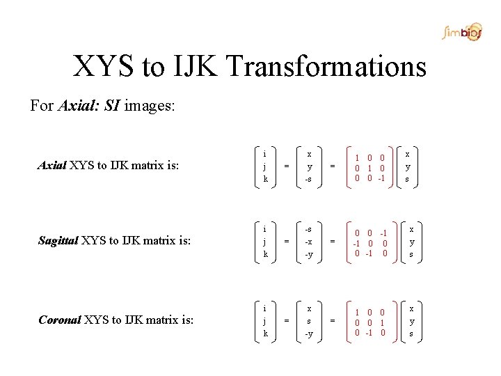 XYS to IJK Transformations For Axial: SI images: Axial XYS to IJK matrix is: