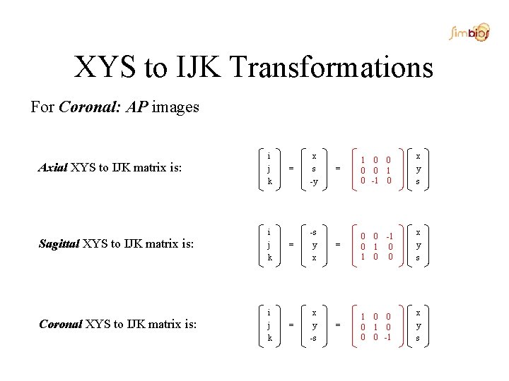 XYS to IJK Transformations For Coronal: AP images Axial XYS to IJK matrix is: