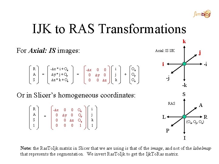 IJK to RAS Transformations k For Axial: IS images: R A S = -