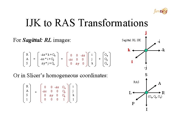 IJK to RAS Transformations j For Sagittal: RL images: Sagittal: RL IJK -i k