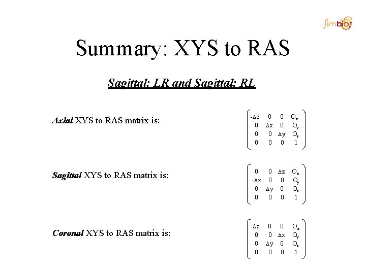 Summary: XYS to RAS Sagittal: LR and Sagittal: RL Axial XYS to RAS matrix