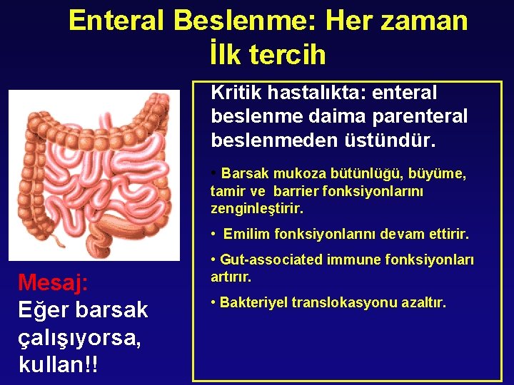 Enteral Beslenme: Her zaman İlk tercih Kritik hastalıkta: enteral beslenme daima parenteral beslenmeden üstündür.