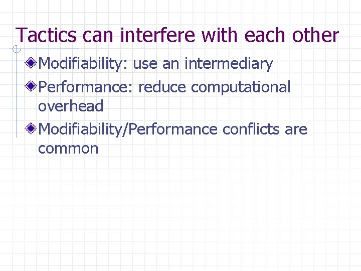 Tactics can interfere with each other Modifiability: use an intermediary Performance: reduce computational overhead