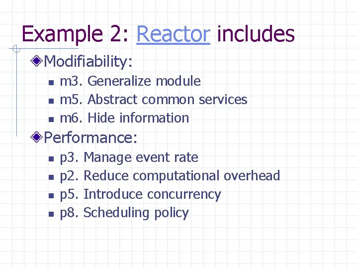 Example 2: Reactor includes Modifiability: n n n m 3. Generalize module m 5.