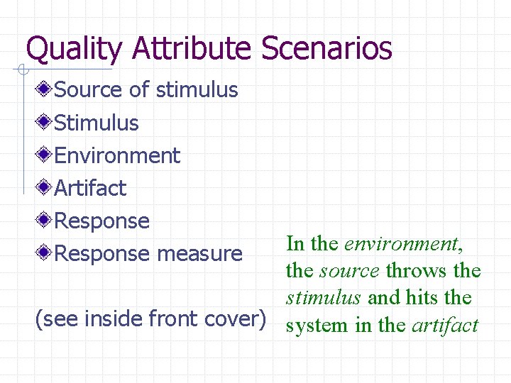 Quality Attribute Scenarios Source of stimulus Stimulus Environment Artifact Response measure In the environment,