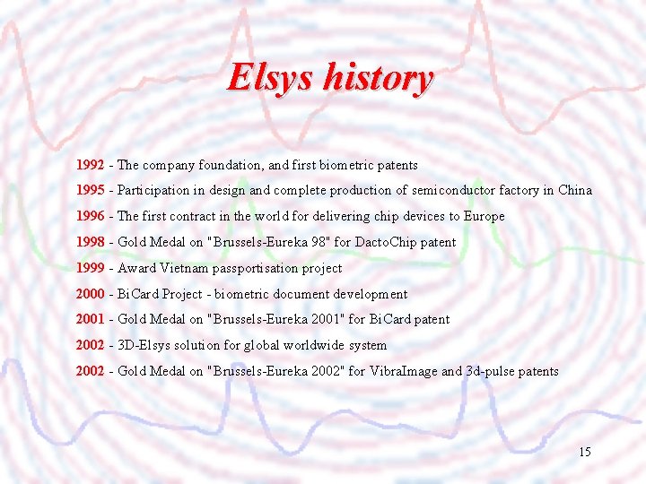 Elsys history 1992 - The company foundation, and first biometric patents 1995 - Participation