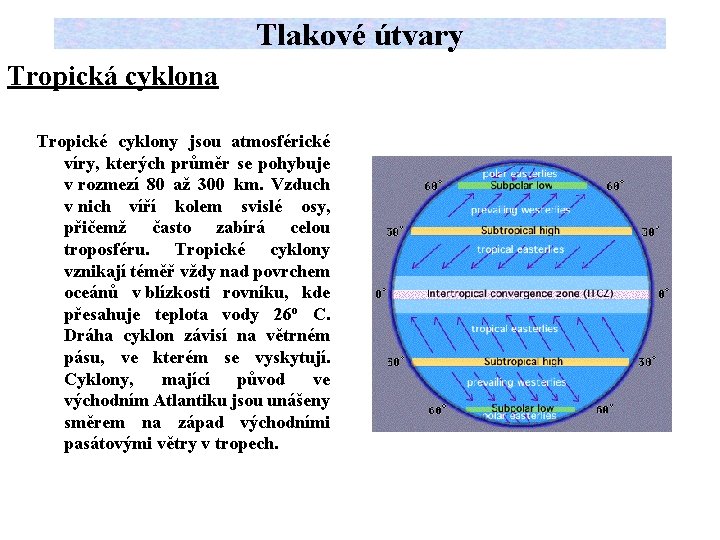 Tlakové útvary Tropická cyklona Tropické cyklony jsou atmosférické víry, kterých průměr se pohybuje v