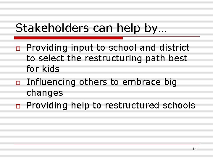 Stakeholders can help by… o o o Providing input to school and district to