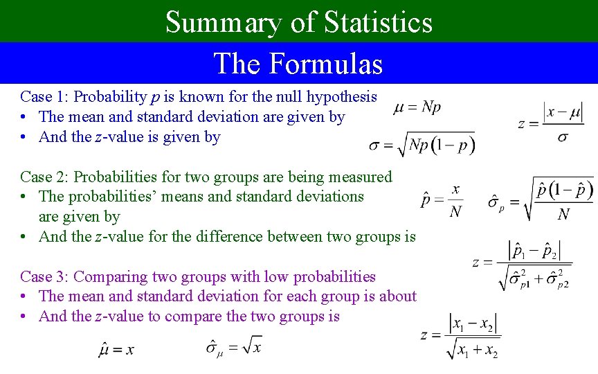 Summary of Statistics The Formulas Case 1: Probability p is known for the null