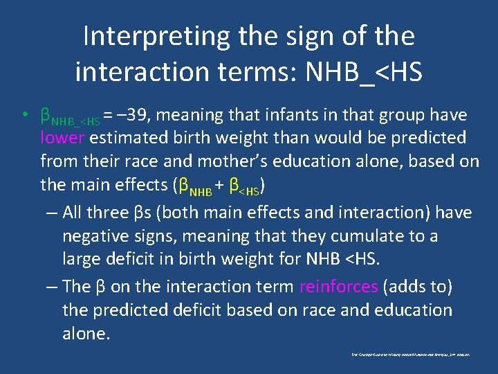 Interpreting the sign of the interaction terms: NHB_<HS • βNHB_<HS = – 39, meaning