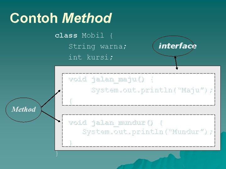 Contoh Method class Mobil { String warna; int kursi; interface void jalan_maju() { System.