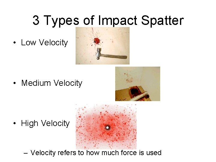 3 Types of Impact Spatter • Low Velocity • Medium Velocity • High Velocity