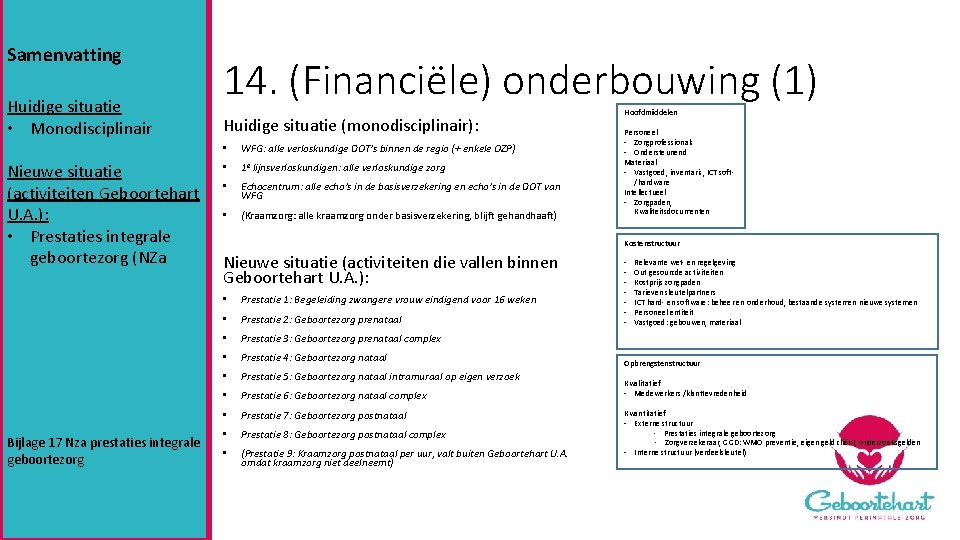 Samenvatting Huidige situatie • Monodisciplinair Nieuwe situatie (activiteiten Geboortehart U. A. ): • Prestaties