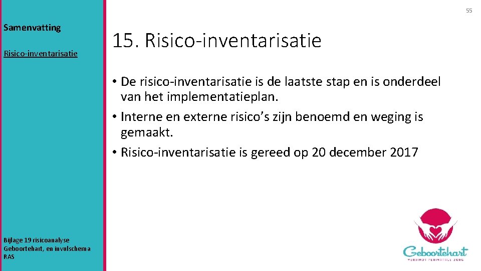 55 Samenvatting Risico-inventarisatie 15. Risico-inventarisatie • De risico-inventarisatie is de laatste stap en is