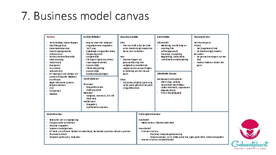 7. Business model canvas Partners Hoofdactiviteiten Waardepropositie Klantrelaties Klantsegmenten - - Zorg op maat