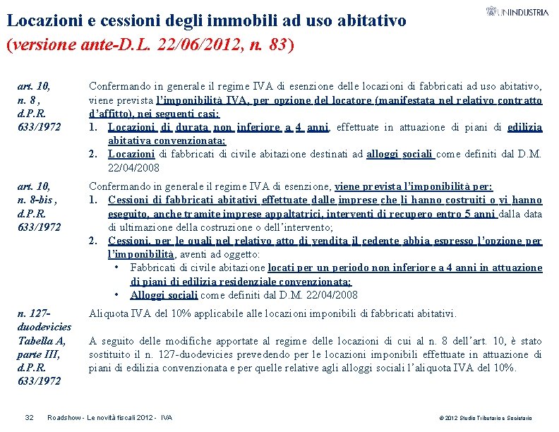 Locazioni e cessioni degli immobili ad uso abitativo (versione ante-D. L. 22/06/2012, n. 83)