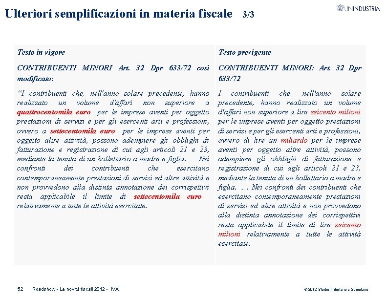 Ulteriori semplificazioni in materia fiscale 3/3 Testo in vigore Testo previgente CONTRIBUENTI MINORI Art.