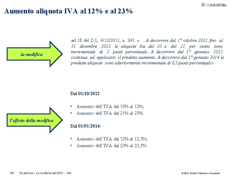 Aumento aliquota IVA al 12% e al 23% la modifica art. 18 del D.