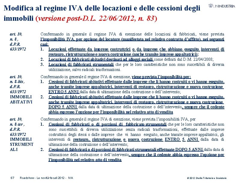 Modifica al regime IVA delle locazioni e delle cessioni degli immobili (versione post-D. L.