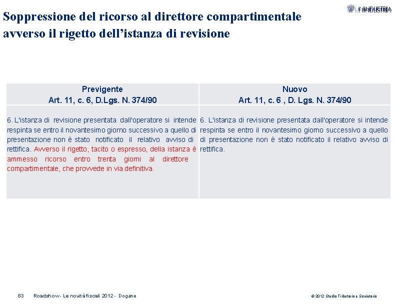 Soppressione del ricorso al direttore compartimentale avverso il rigetto dell’istanza di revisione Previgente Art.