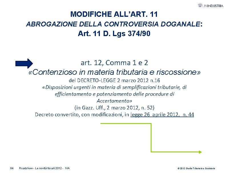 MODIFICHE ALL’ART. 11 ABROGAZIONE DELLA CONTROVERSIA DOGANALE: Art. 11 D. Lgs 374/90 art. 12,