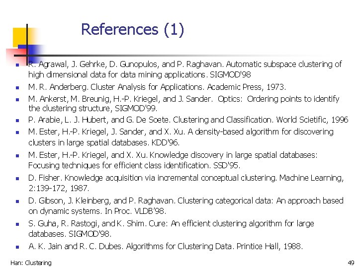 References (1) n n n n n R. Agrawal, J. Gehrke, D. Gunopulos, and
