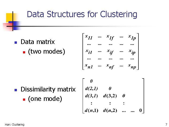 Data Structures for Clustering n n Data matrix n (two modes) Dissimilarity matrix n