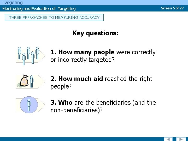 Targeting Monitoring and Evaluation of Targeting THREE APPROACHES TO MEASURING ACCURACY Key questions: 1.