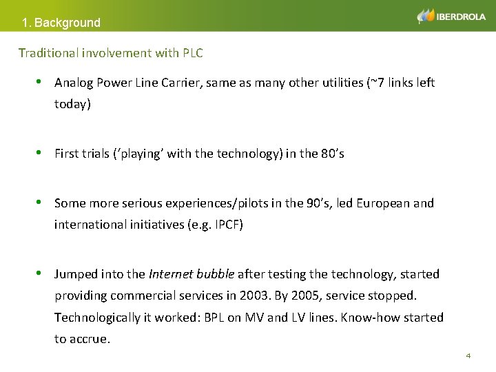 1. Background Traditional involvement with PLC • Analog Power Line Carrier, same as many