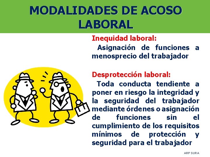 MODALIDADES DE ACOSO LABORAL Inequidad laboral: Asignación de funciones a menosprecio del trabajador Desprotección