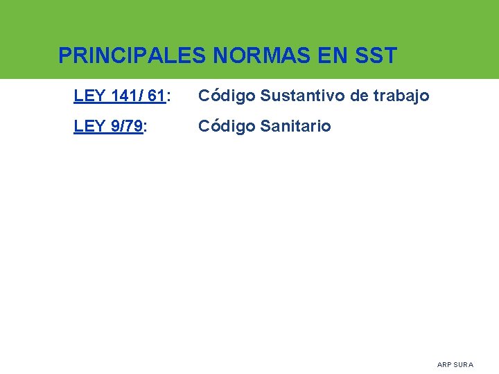 PRINCIPALES NORMAS EN SST LEY 141/ 61: Código Sustantivo de trabajo LEY 9/79: Código