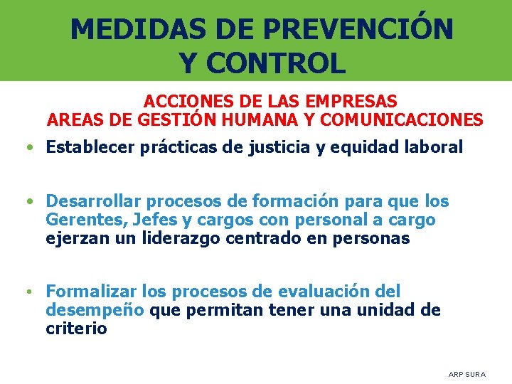 MEDIDAS DE PREVENCIÓN Y CONTROL ACCIONES DE LAS EMPRESAS AREAS DE GESTIÓN HUMANA Y