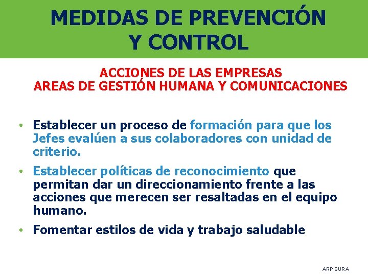 MEDIDAS DE PREVENCIÓN Y CONTROL ACCIONES DE LAS EMPRESAS AREAS DE GESTIÓN HUMANA Y